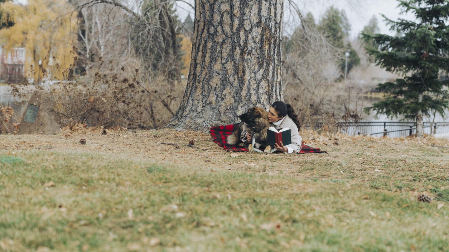 A dog and a woman enjoy an autumn picnic in the park